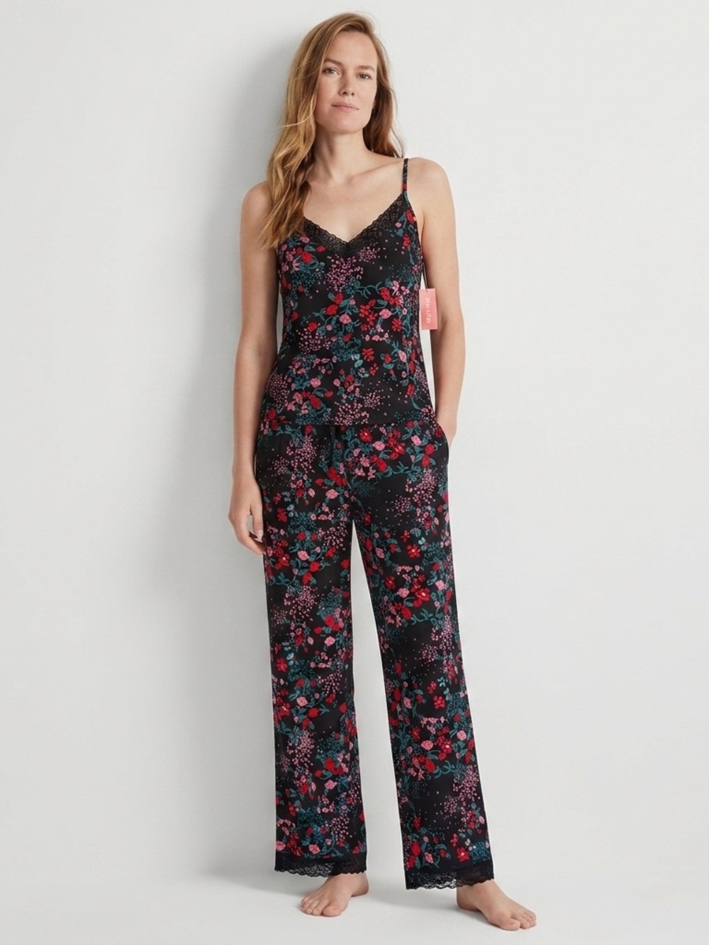 State of Day Women’s Ultra Soft Pajama Set Black Lace Trim Camisole & Pants